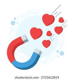 Flache Cartoon-Vektorgrafik der Liebe Magnet Macht anziehen Herz-Icons. Konzept von Attraktion, Likes, Romantik, Dating und Social Media Engagement.