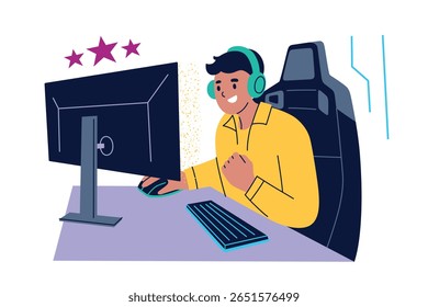 Ilustração plana vetor de desenhos animados de gamer masculino ou streamer jogando jogo de computador com mouse e teclado de jogo. Jovem com fones de ouvido na configuração da mesa. Tema de entretenimento, esportes eletrônicos