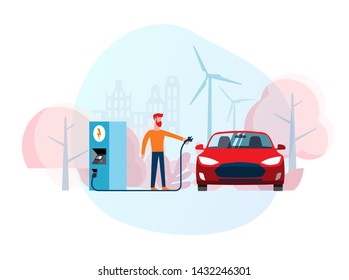 Dibujo gráfico plano ilustrativo de un hombre recargando un camión eléctrico rojo en una estación de carga frente a los molinos de viento. Vehículo verde. Alimenta camiones. Transporte ecológicamente limpio. Protección del medio ambiente