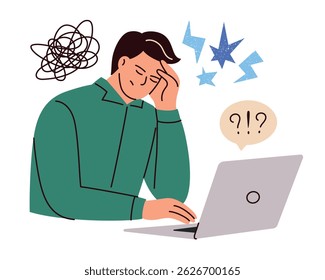 Flat cartoon vector illustration of man at workplace feeling stress and burnout. Sitting at laptop, holding head in frustration. Work pressure, mental fatigue, job overload, emotional exhaustion