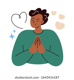 Flat cartoon vector illustration of man with hands in gratitude pose. Calm male character practicing mindfulness, meditation, emotional awareness. Concept for wellness, self care, mental health themes