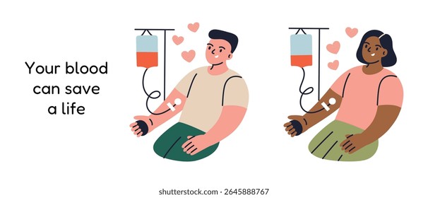 Ilustração plana do vetor do desenho animado do homem e da mulher que doam sangue como voluntários, pessoas que doam, texto seu sangue pode salvar uma vida. Caridade médica, saúde, campanha social, conscientização sobre doação de sangue