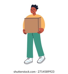 Flat cartoon vector illustration of man carrying cardboard box, moving and relocation theme, packing belongings and job change, simple work scene for delivery, logistics and life transition projects