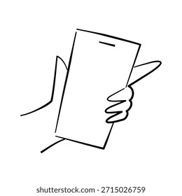 Ilustración vectorial plana de dibujos animados de línea mínima con teléfono inteligente de mano, maqueta de pantalla vacía, sentimiento tranquilo para presentación App, diseño de interfaz y proyectos de concepto digital