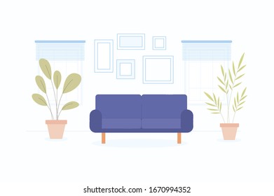  Ilustración de vectores planos de dibujos animados. Interior moderno. Sala de estar colorida. Mobiliario y decoración, sofá. Apartamento. Interior de estilo escandinavo. 