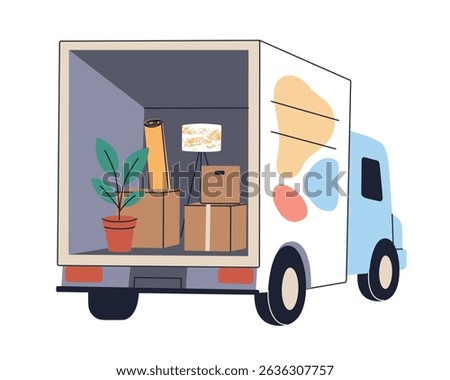 Flat cartoon vector illustration of moving truck with boxes and home items. Relocation process, transportation of furniture, decor and belongings, new home concept, real estate, lifestyle change