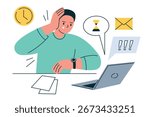 Flat cartoon vector illustration of office worker with deadline anxiety. Man at laptop stressed by urgent project, holding head. Concept of time pressure, workplace stress, business task, burnout
