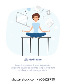 Flat cartoon vector illustration. Office scene with manager relaxed in yoga lotus pose, levitating over working desk with computer and office supplies. Modern isolated design.