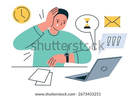 Flat cartoon vector illustration of office worker with deadline anxiety. Man at laptop stressed by urgent project, holding head. Concept of time pressure, workplace stress, business task, burnout