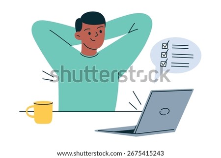Flat cartoon vector illustration of office worker sitting with laptop, man character in relaxed pose. Completed project, finished tasks, satisfaction, productivity, workplace success