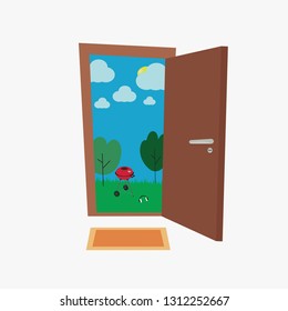 Flat cartoon vector illustration. Open door with sunny landscape. 