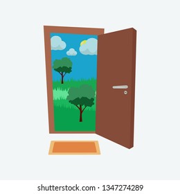 Flat cartoon vector illustration. Open door with sunny landscape. 