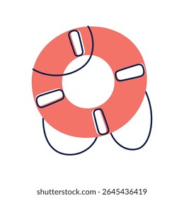 Flat cartoon vector illustration of orange lifebuoy with rope and white stripes. Nautical safety equipment for ships, rescue gear, marine transport, travel and sea navigation themes