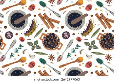 Padrão de ilustração de vetor de desenhos animados planos com especiarias, ervas, argamassa e pilão, colheres de tempero em terra. Ingredientes culinários aromáticos para têxteis de cozinha, embalagem, cartões de receita, blogs de alimentos