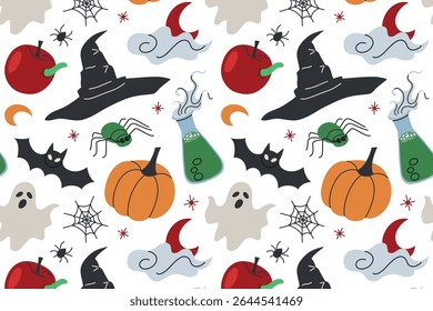 Flat cartoon vector illustration pattern with Halloween and witch accessories. Magical spooky elements for seasonal textiles, wrapping paper, party decor, kids designs, autumn holiday themes