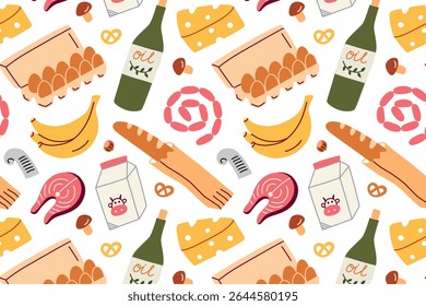 Flat cartoon vector illustration pattern with grocery food items from supermarket. Repeating seamless design of everyday products for packaging, kitchen decor, healthy eating themes