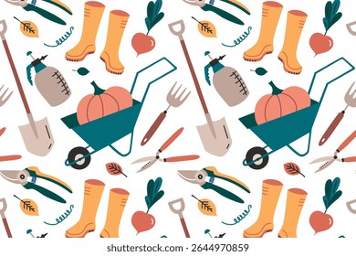Flat cartoon vector illustration pattern with gardening tools and vegetables. Pumpkin in wheelbarrow, rubber boots, shovels and sprayers in seamless design for packaging, textile, eco and hobby themes