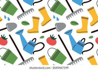 Padrão de ilustração de vetor de desenho animado plano em estilo de doodle brilhante com ferramentas de jardinagem, botas de borracha e vegetais. Design perfeito para produtos ecológicos, embalagens, agricultura, natureza e temas de hobby