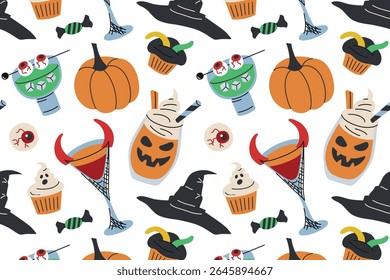 Flat cartoon vector illustration pattern with spooky Halloween cocktails, party drinks, scary treats, witch hat and pumpkin. Seamless design for holiday decor, celebration, kids and adult parties