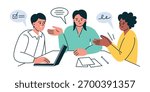 Flat cartoon vector illustration of people sitting at table during business meeting and discussion. Concept of teamwork, negotiation, communication, office collaboration and corporate conference