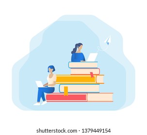 Flat cartoon vector illustration with people. Training, education, office work.