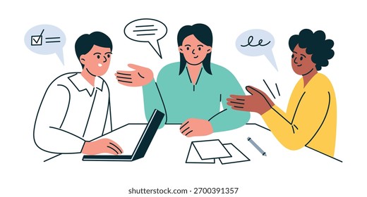 Ilustração vetorial de desenho animado plano de pessoas sentadas à mesa durante reunião de negócios e discussão. Conceito de trabalho em equipe, negociação, comunicação, colaboração no escritório e conferência corporativa