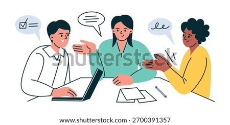 Flat cartoon vector illustration of people sitting at table during business meeting and discussion. Concept of teamwork, negotiation, communication, office collaboration and corporate conference