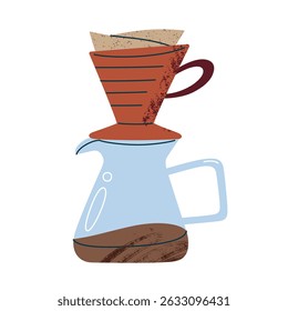 Flat cartoon vector illustration of pour over coffee brewing setup with glass carafe and filter dripper placed on top. Icon for coffee hemed stickers, packaging, and cafe branding, colored clipart