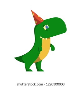Flat Cartoon Vector Illustration with predatory dinosaur. Cute Animal Character: Line Art Little Tyrannosaurus Rex with a festive cap. T-Rex on white background
