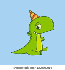 Flat Cartoon Vector Illustration with predatory dinosaur. Cute Animal Character: Line Art Little Tyrannosaurus Rex with a festive cap. T-Rex on white background