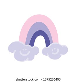 Flat cartoon vector illustration with rainbow and clouds, hand drawn style. Isolated on white. Delicate, dreamy mood, pastel colors.