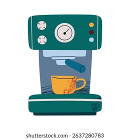 Flat cartoon vector illustration of retro espresso machine with textures and coffee cup. Home brewing sticker, vintage kitchen appliance, cozy cafe, morning routine, hot beverage preparation icon