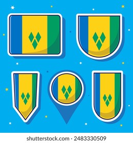 Flat cartoon vector illustration of Saint Vincent and Grenadines national flag with many shapes inside