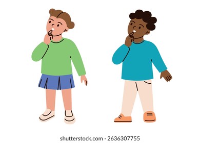 Flat cartoon vector illustration of school kids thinking, surprised and curious. Boy and girl looking at something, puzzled expressions, education, imagination, problem solving, learning process