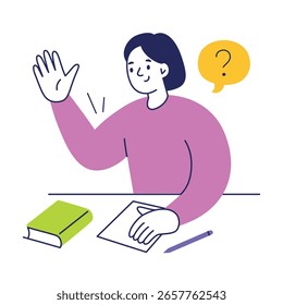 Ilustración vectorial plana de la historieta de la muchacha de la escuela o del estudiante femenino que se sienta en el escritorio, levantando la mano para hacer la pregunta. Libro, pluma, papel sobre mesa. Concepto de educación, actividad en el aula, proceso de aprendizaje