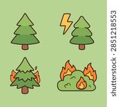 Flat cartoon vector illustration set depicting pine tree, lightning strike, burning tree, and wildfire spreading on bush.