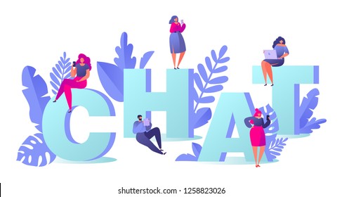 Flat cartoon vector illustration. Set of people chatting in social networks. Man and woman standing and sitting on big letters. They communicating online with mobile devices; tablet, laptop, smartphon