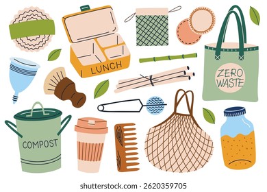 Flat cartoon vector illustration set of zero waste and sustainable living items. Reusable eco friendly products for conscious lifestyle and mindful consumption, bags, compost doodle icons