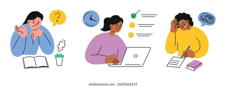 Conjunto de ilustrações de vetor de desenhos animados planos de estudantes do sexo feminino fazendo exames, resolvendo tarefas ou escrevendo testes. Coleção educacional com meninas personagens estudando, pensando ou lutando com respostas
