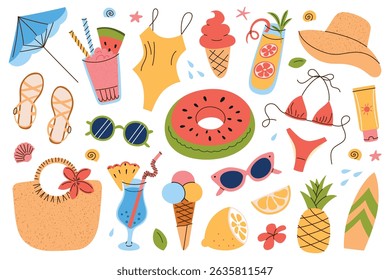 Flat cartoon vector illustration set of summer vacation and beach holiday items. Sunglasses and swimwear, tropical leisure, seaside travel icons, fun and relaxation, tourism, outdoor recreation