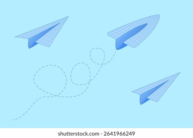 Flat cartoon vector illustration set of an paper planes made from grid notebook paper flying on blue background. For back to school theme, education visual, educational concept, and classroom decor.