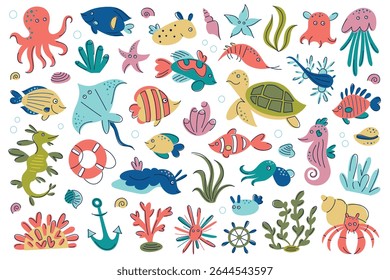 Flat cartoon vector illustration set of colorful sea animals and exotic marine creatures in bright kids style. Coral reef underwater world with ocean wildlife, sea plants, shells, for childrens design