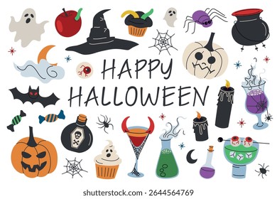 Flat cartoon vector illustration set of Halloween costume party accessories with handwritten Happy Halloween lettering. Witch hat, spooky drinks and candy for autumn celebration,, festive decor icons
