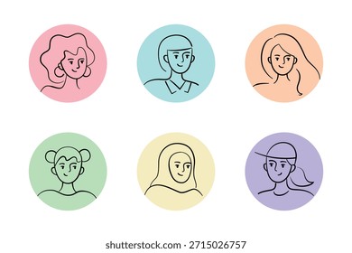 Conjunto de ilustração de vetor de desenhos animados plano de avatares de rosto feminino com linhas limpas, mulheres e meninas com diferentes olhares e personalidades, retratos mínimos para aplicativos, perfis e projetos sociais