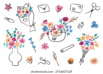 Conjunto de Ilustraciones vectoriales de dibujos animados planos de ramos y flores en jarrones con herramientas de floristería, tijeras, corbatas, sobres y tarjetas, tema de floristería, sentimiento romántico de San Valentín para saludos y diseños de regalos