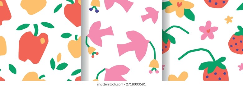Conjunto de Ilustración vectorial de dibujos animados plano, colección de patrones de verano de primavera con garabatos ingenuos brillantes, manzanas, palomas, fresas y flores, sentimiento de niños juguetón, diseños sin costuras para niños impresiones