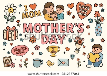 Flat cartoon vector illustration set for Mother's Day in hand-drawn, kawaii style. Includes mom hugging kids, flowers, hearts, trophies, gifts, and love messages. 

