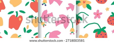 Flat cartoon vector illustration set, collection of spring summer patterns with bright naive doodles, apples, doves, strawberries and flowers, playful kids mood, seamless designs for children prints