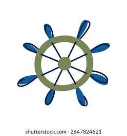 Ilustração plana do vetor de desenhos animados da roda do navio como elemento de design náutico. Leme marinho estilizado para decorações oceânicas, ícone de leme para conceitos de mundo subaquático, livros infantis, visuais de aventura marítima