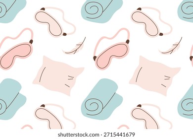 Ilustración vectorial plana de dibujos animados del patrón del sueño con almohadas, mantas y máscara del sueño, tema acogedor de la hora de dormir, sentimiento tranquilo suave, diseño decorativo inconsútil para las rutinas de la noche, textiles para el hogar